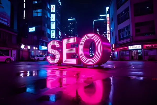 Stylized urban scene at night with a large pink neon “SEO” installation dominating the center. Reflections on the wet pavement enhance the tech-forward aesthetic.