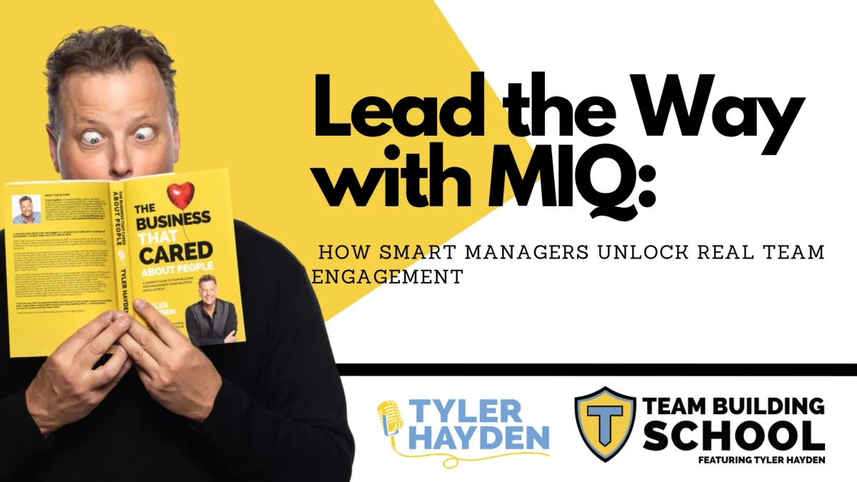man reading book with crossed eyes, logos for Tyler Hayden and Team Building school