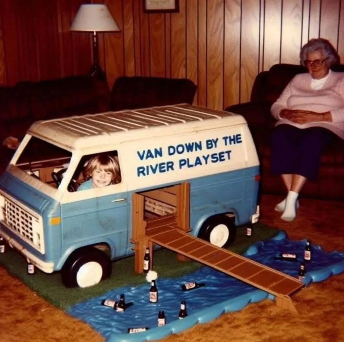 Toy blue van, child driving,