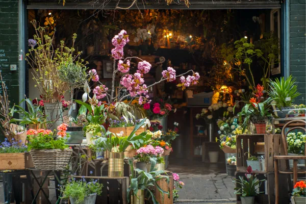 Welcoming entrance of a flower shop with fresh floral arrangements displayed in buckets outside.