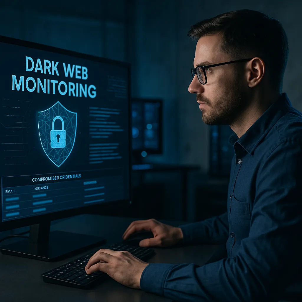 Man monitoring the dark web with a computer
