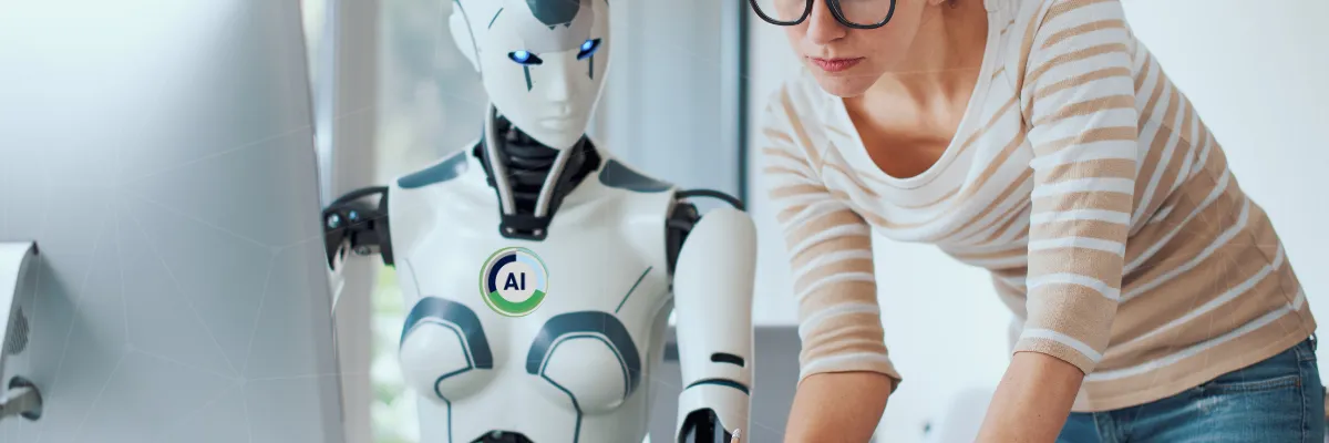 Image showing a person in an office vs a generic AI logo
