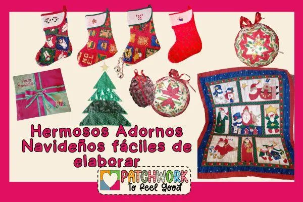 Gráfico con botas navideñas, cojín de patchwork, esferas decoradas con tela, colcha de santa claus