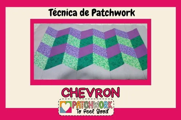 Gráfico con foto de patchwork Chevron en tonos verde y morado