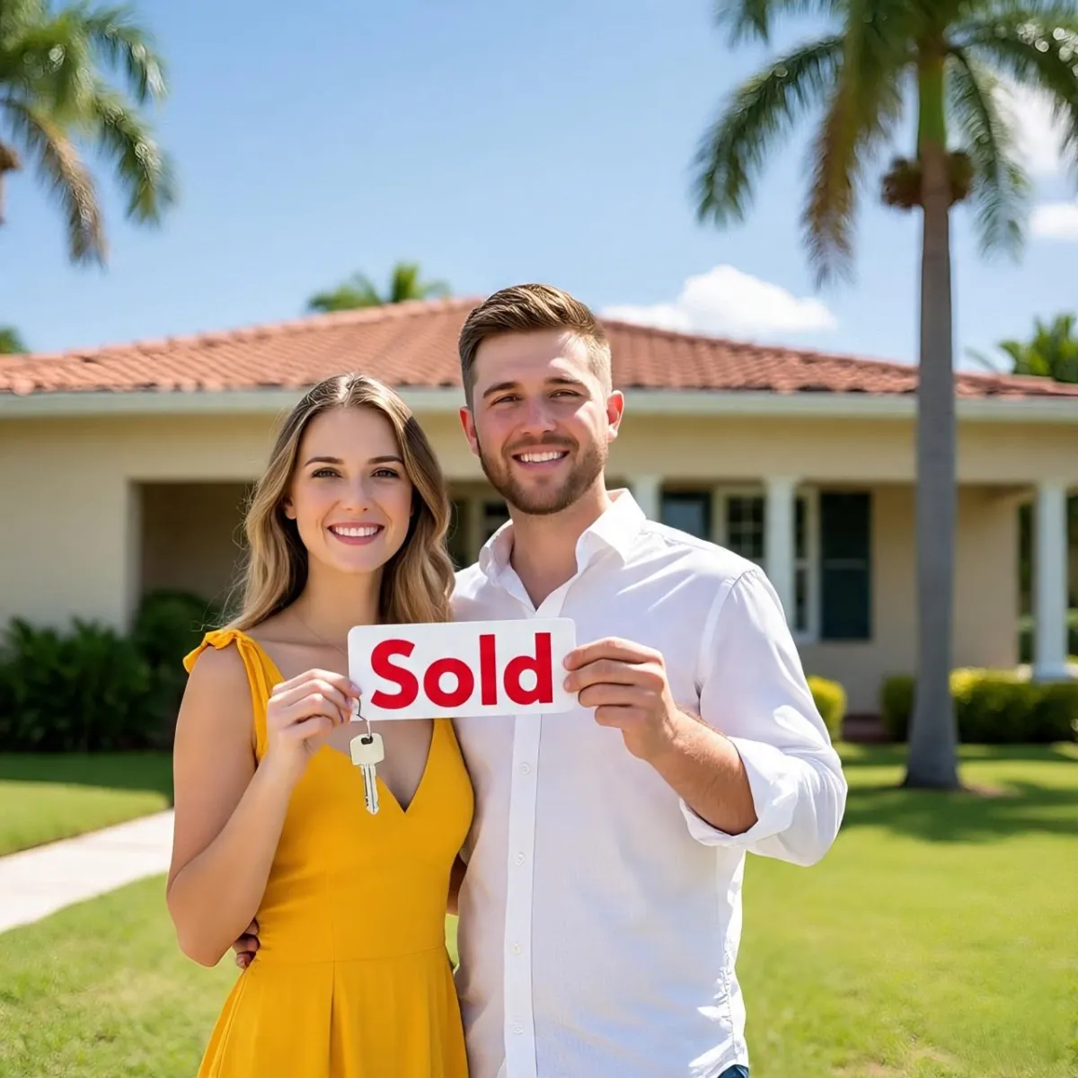 Young couple standing in front of a Florida-style single-story home with palm trees, holding keys and a “Sold” sign, symbolizing first-time homeownership in Central Florida.
