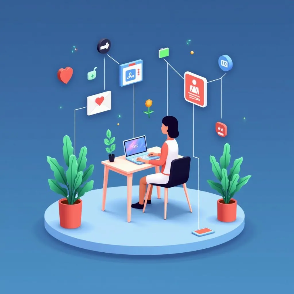 Woman working on a laptop at a desk surrounded by floating digital icons, plants, and connected elements representing productivity and creativity in a modern workspace.