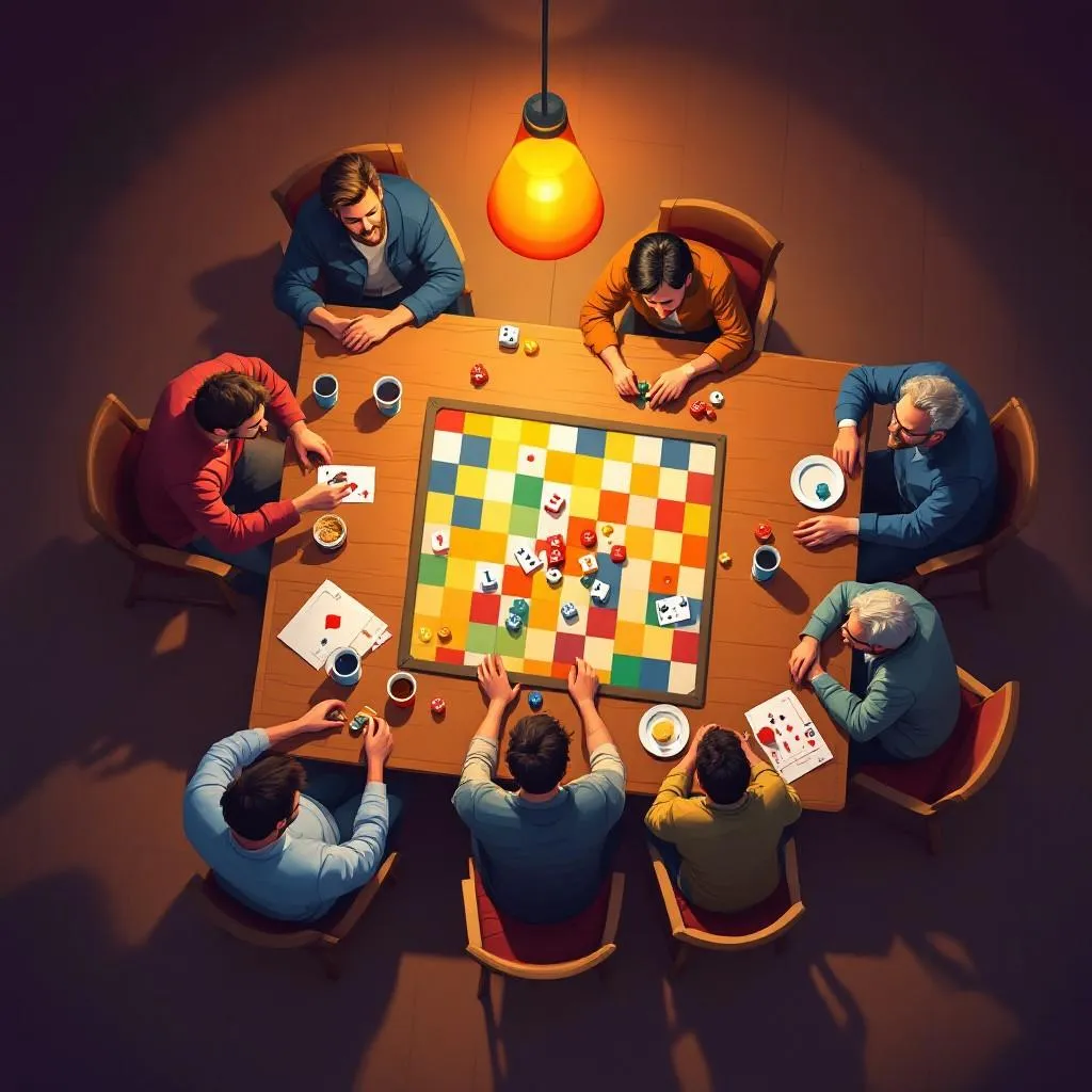 A group of eight people sit around a wooden table under warm overhead lighting, playing a colorful board game with dice, cards, and game pieces, creating a cozy and strategic game night atmosphere.