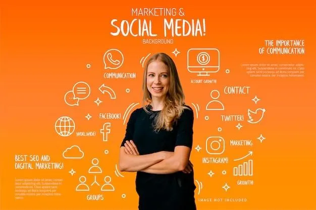 Graphic elements representing social media marketing strategies alongside a woman with folded arms
