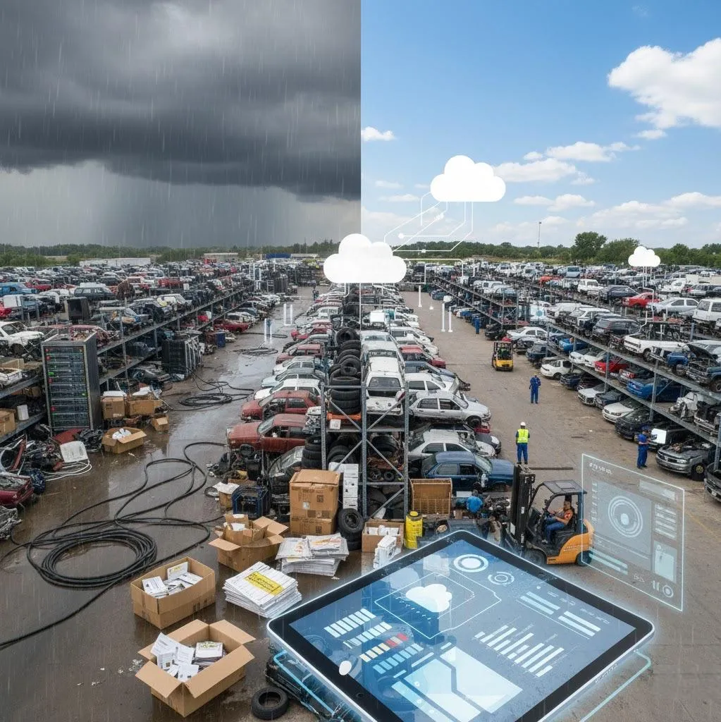 Split view of an auto recycling yard transitioning from old, chaotic systems to a clean, modern cloud-based solution with digital tools and clear skies.