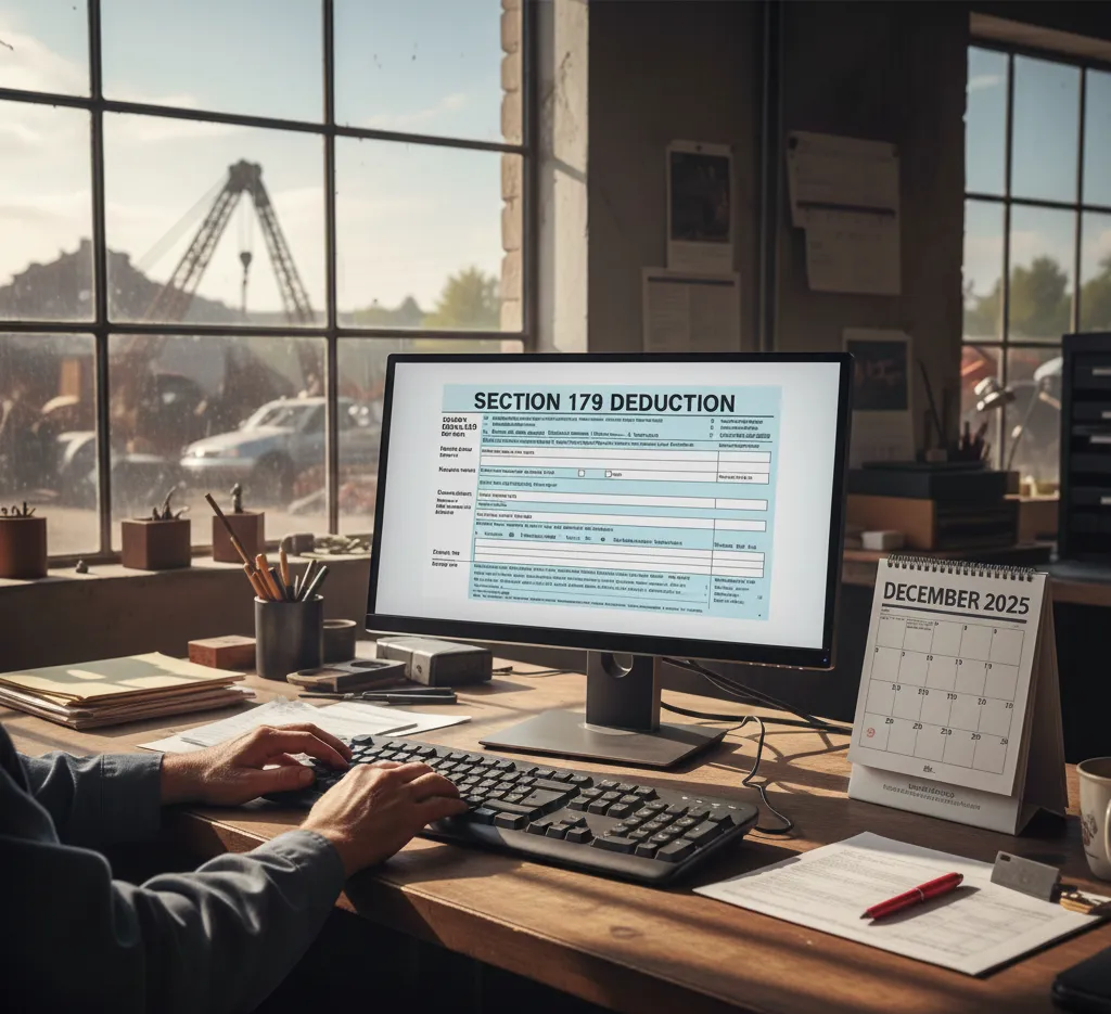 A yard operator using a desktop computer with a 2025 tax form and calendar