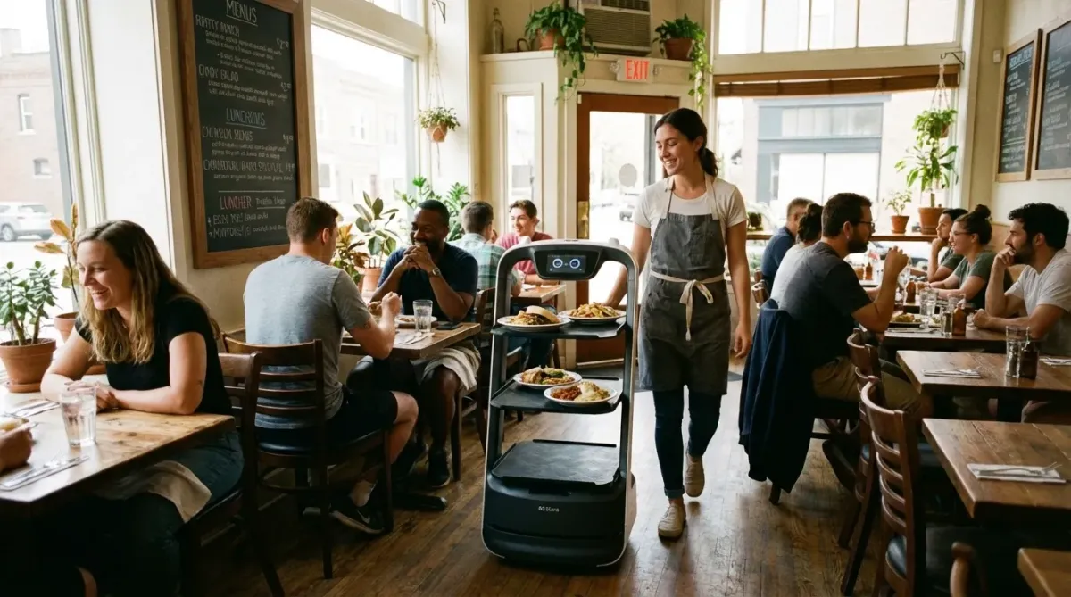 scene of a small business environment featuring a modern service robot assisting staff, with natural colors and a welcoming, real-world atmosphere