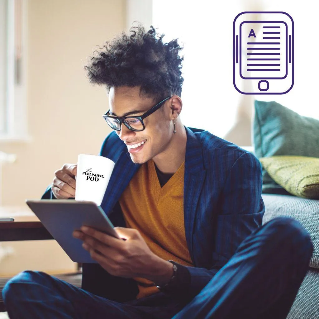 Man reading an ebook with a Publishing Pod mug