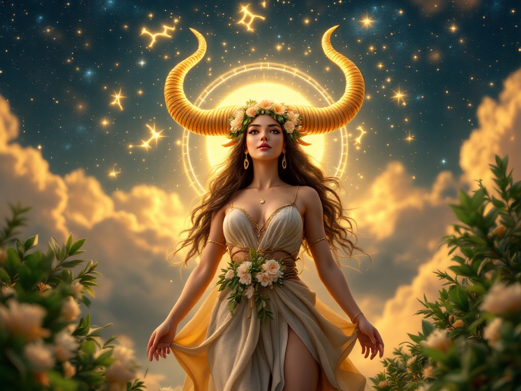 A divine 3D-rendered artwork of a goddess embodying Taurus energy, standing confidently under a starry sky with the accurate Taurus constellation glowing above her. She is adorned with a crown of flowers and horns, symbolizing Taurus traits of strength, beauty, and grounded energy. The background features lush greenery, soft golden hues, and celestial elements, representing the Midheaven in Taurus.