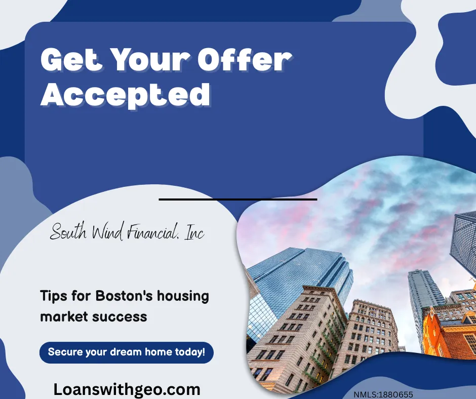 Boston skyline at sunset with residential homes in the foreground, representing the competitive Massachusetts housing market for homebuyers.”