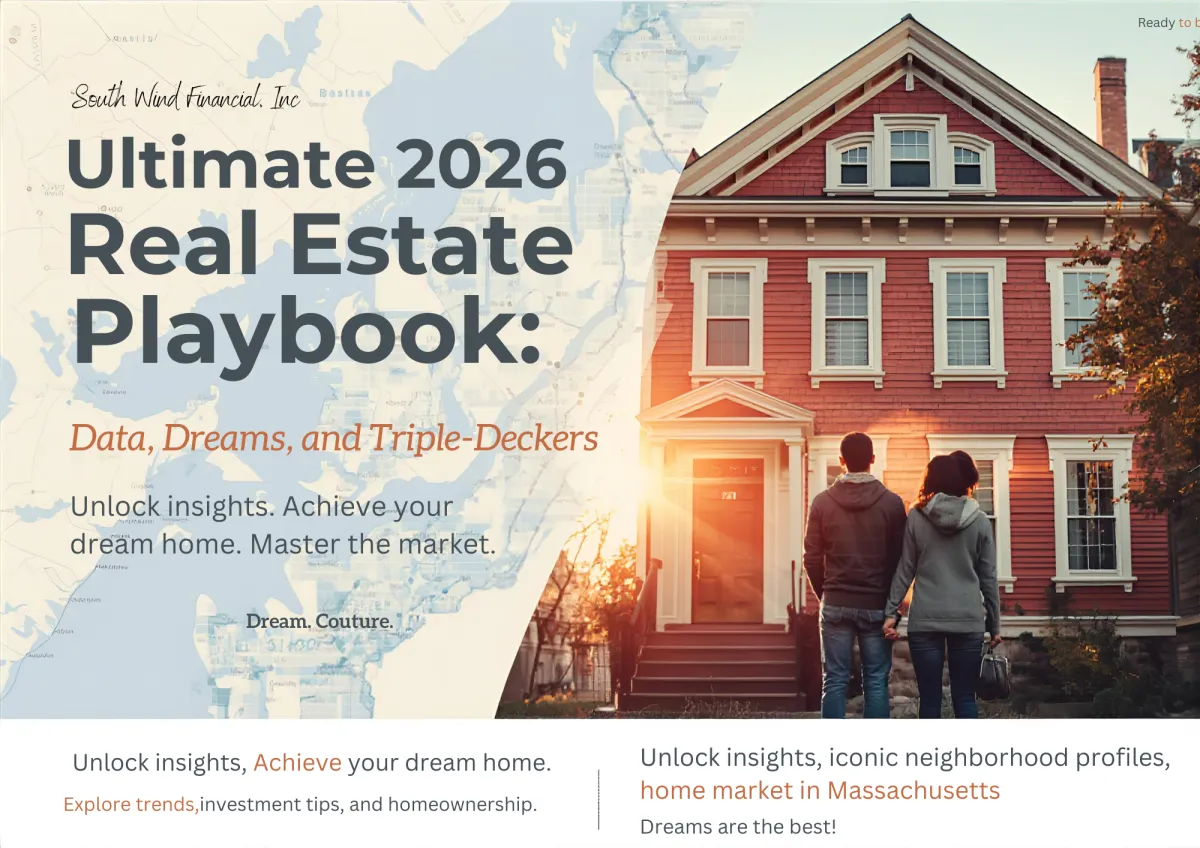 Diverse couple looking at a classic red triple-decker home in Massachusetts for the 2026 Greater Boston Real Estate Playbook