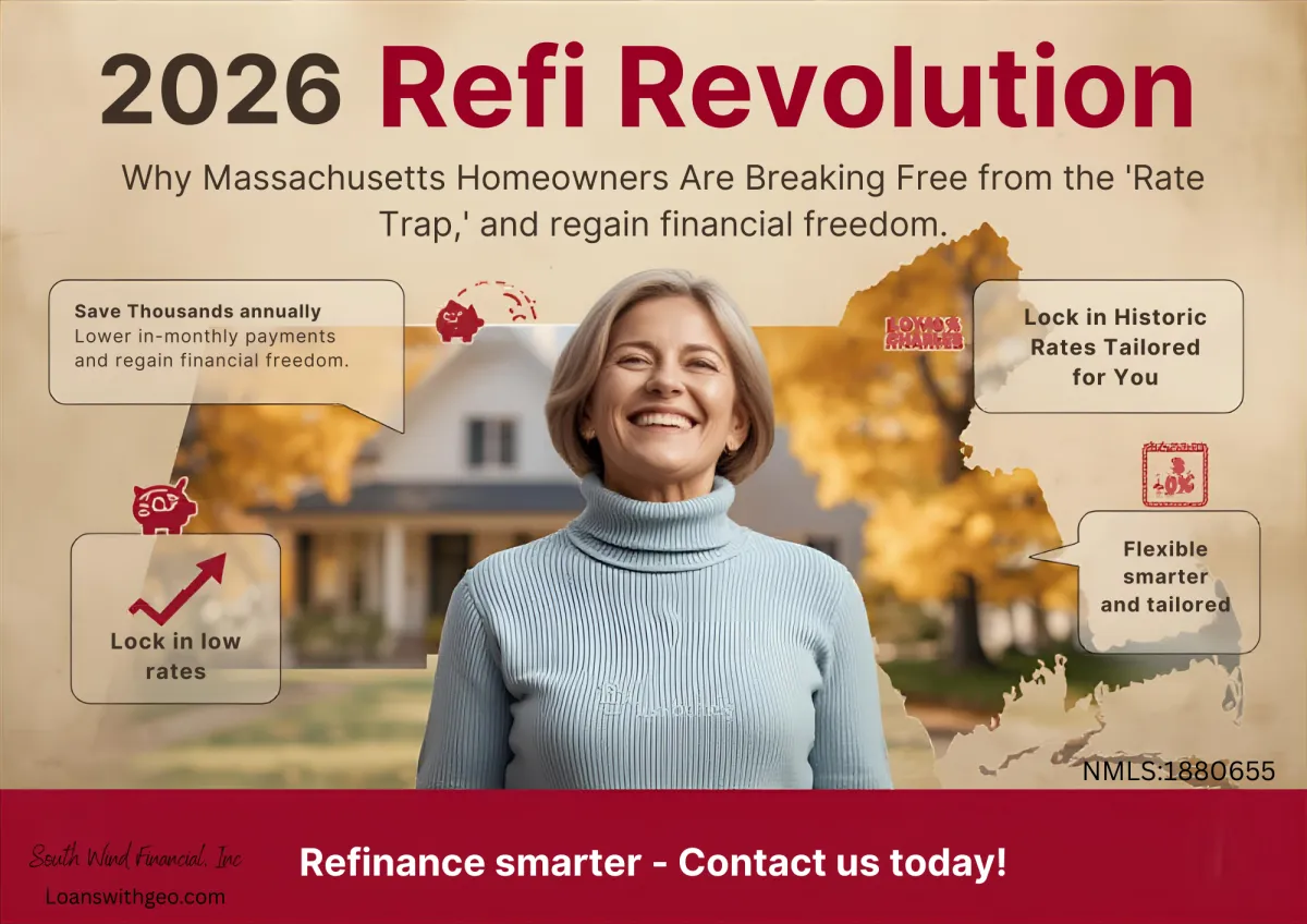 A marketing flyer titled "2026 Refi Revolution" aimed at Massachusetts homeowners. The design features a smiling middle-aged woman in a light blue turtleneck in front of a blurred suburban home and an overlay of the Massachusetts state map. Red and white callout bubbles highlight benefits like "Save Thousands annually" and "Lock in low rates." The footer is a solid red bar containing the business name "South Wind Financial, Inc," the website "Loanswithgeo.com," and a call to action to "Refinance smarter."