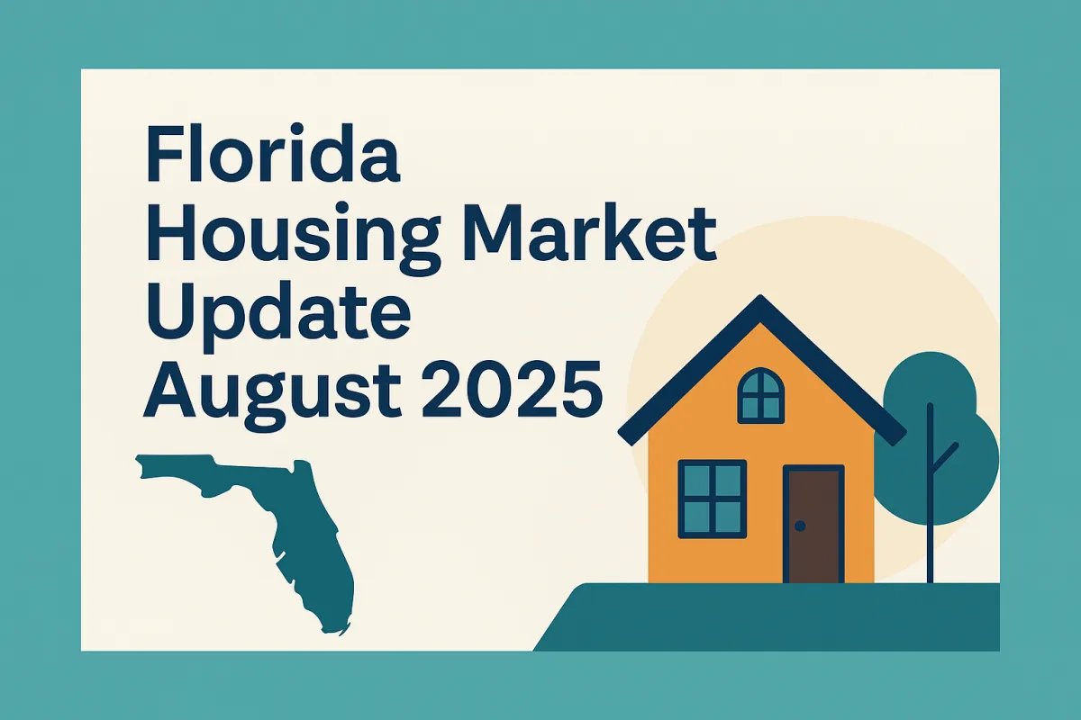Florida Housing Market Update August 2025 cover graphic with Florida state silhouette, house illustration, and bold headline text on a teal background
