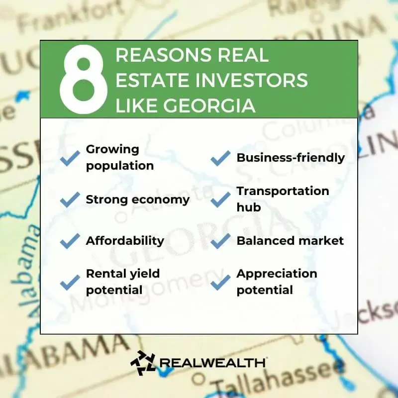 Georgia housing market infographic highlighting reasons real estate investors like Georgia: affordability, growth, rental potential, balanced market.