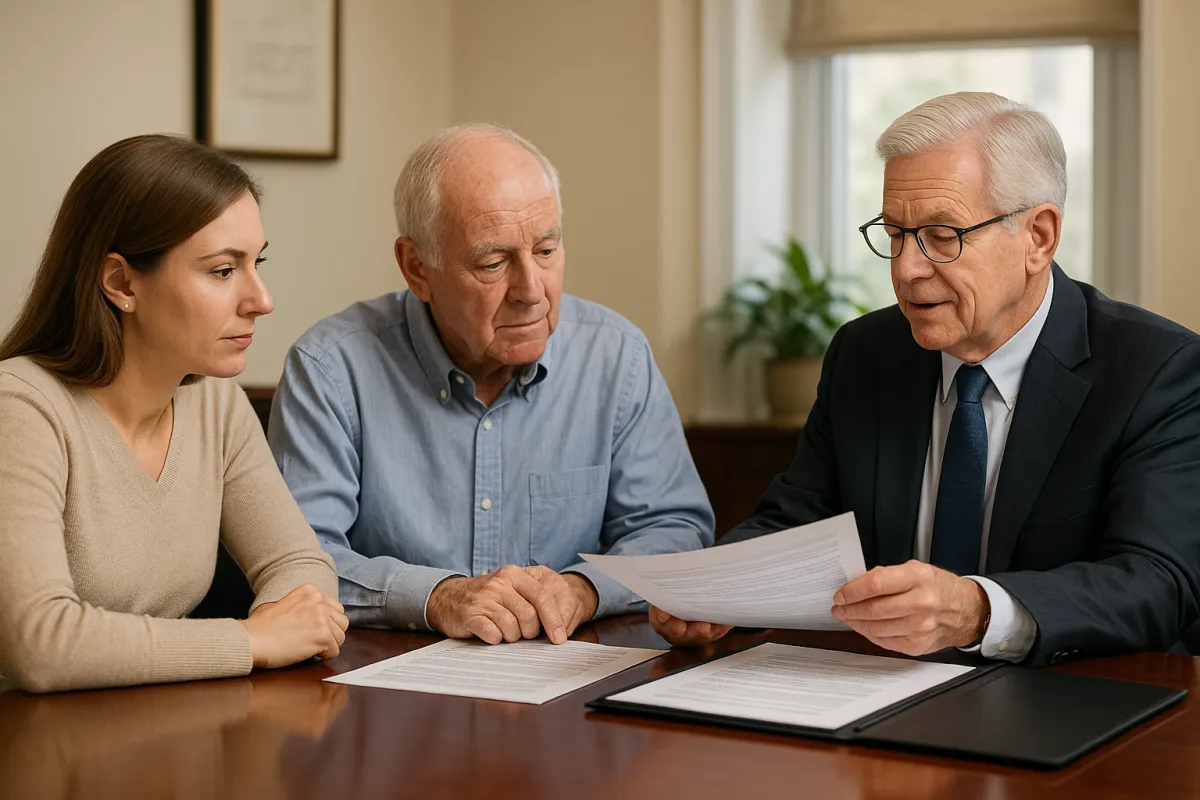 Elder law attorney reviewing documents with elderly client and adult daughter, discussing legal planning for aging in place and reverse mortgages