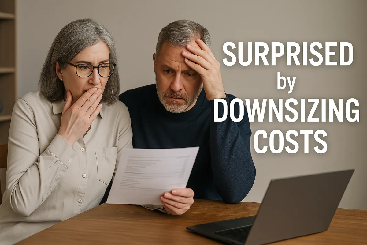 "Middle-aged couple looking stressed while reviewing financial paperwork, highlighting the hidden costs and tax surprises of downsizing a home in Virginia, Georgia, South Carolina, and Florida.