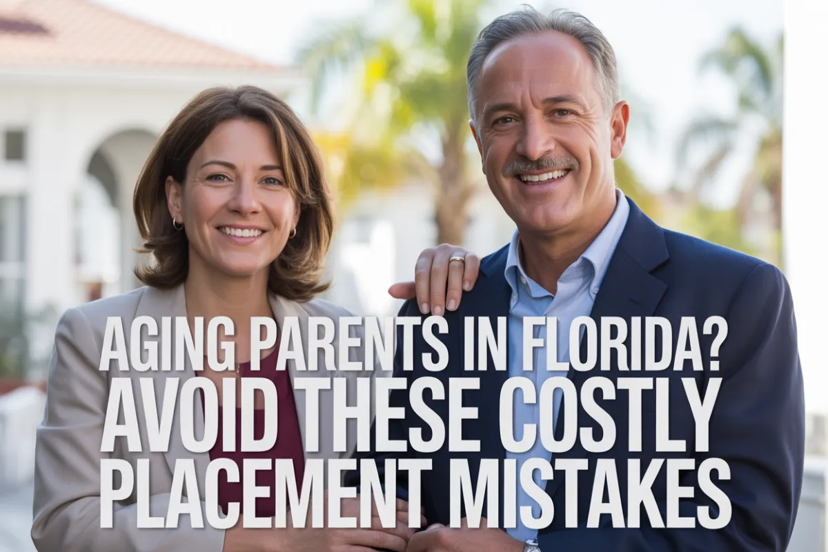 Professional man and woman smiling outside a Florida senior living community with bold text overlay that reads “Aging Parents in Florida? Avoid These Costly Placement Mistakes”.