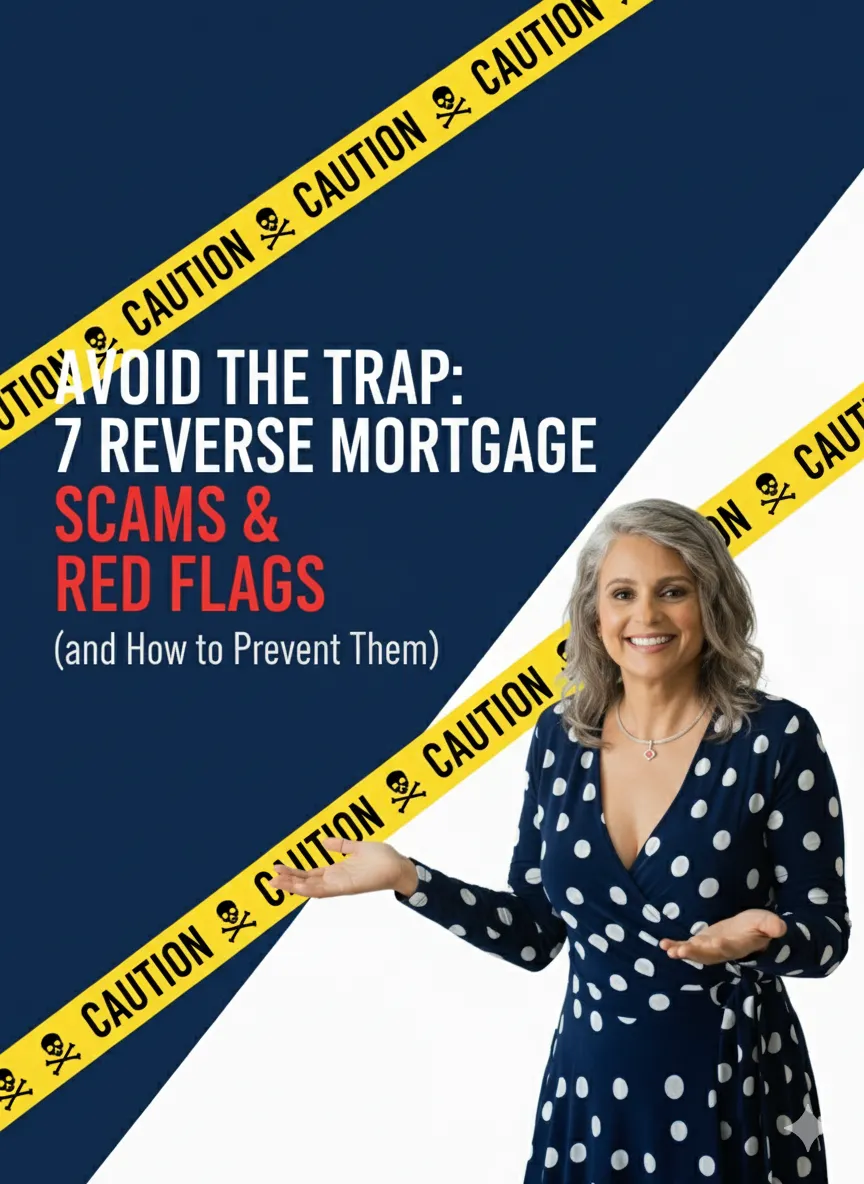 Reverse mortgage scams blog cover with Toni Taylor and caution tape background