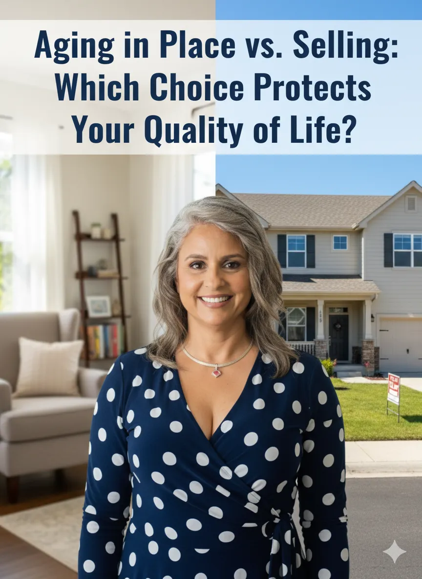 Toni Taylor with split background showing a cozy home and a house for sale sign, blog title ‘Aging in Place vs. Selling