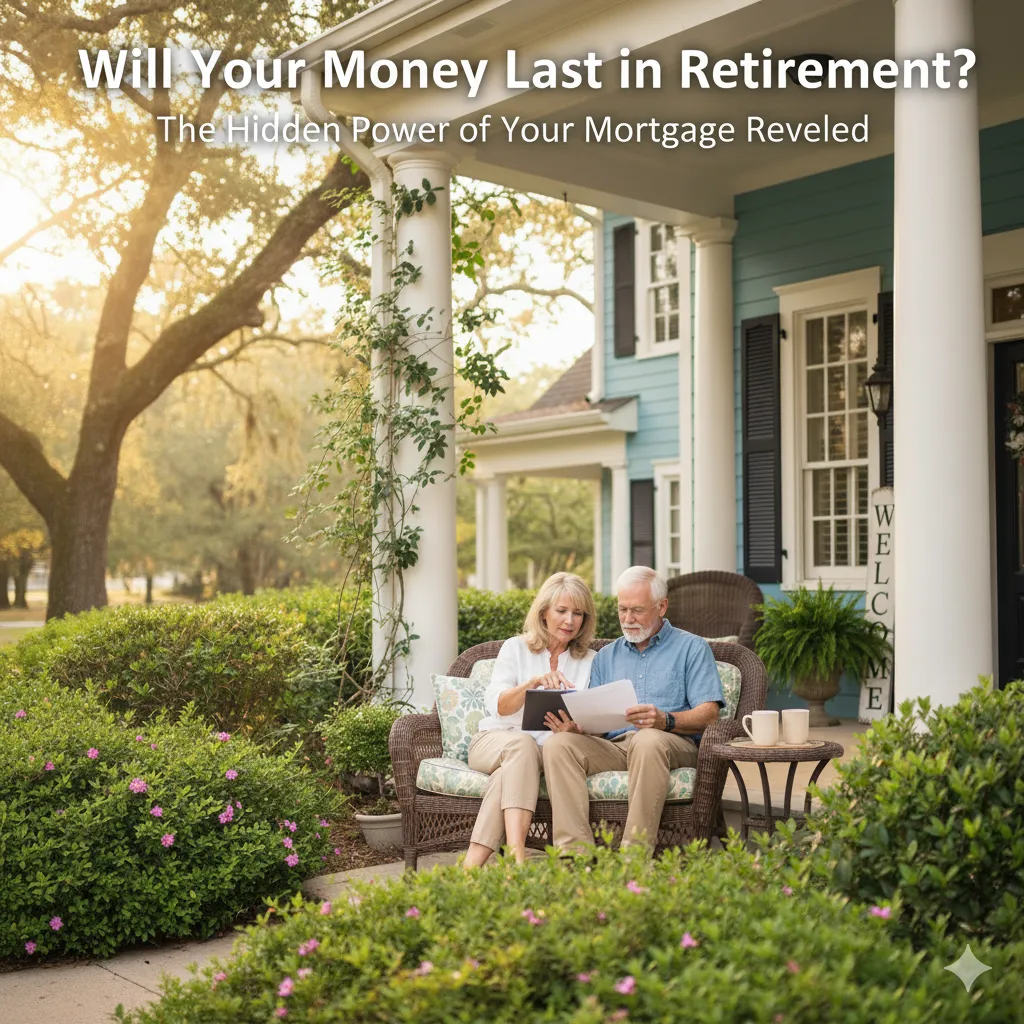 Retired couple in Georgia reviewing finances on porch with blog title text overlay about mortgage and retirement