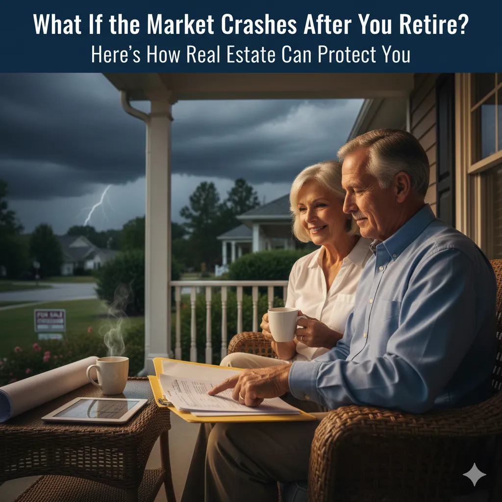Retired couple reviewing finances calmly — real estate shown as safety net against market downturn