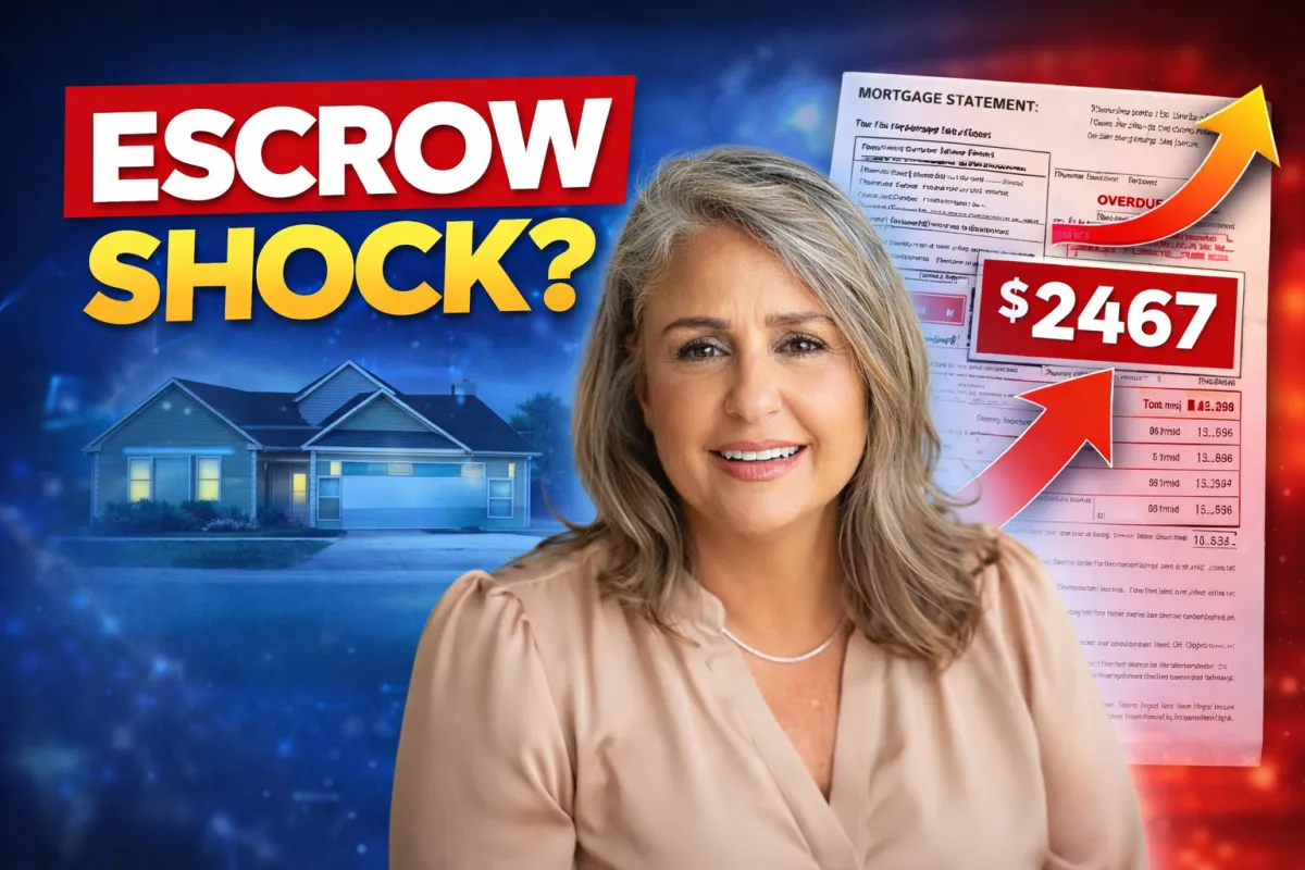 Toni Taylor explaining why a mortgage escrow payment increased, shown with a home, escrow analysis statement, and rising payment arrows.