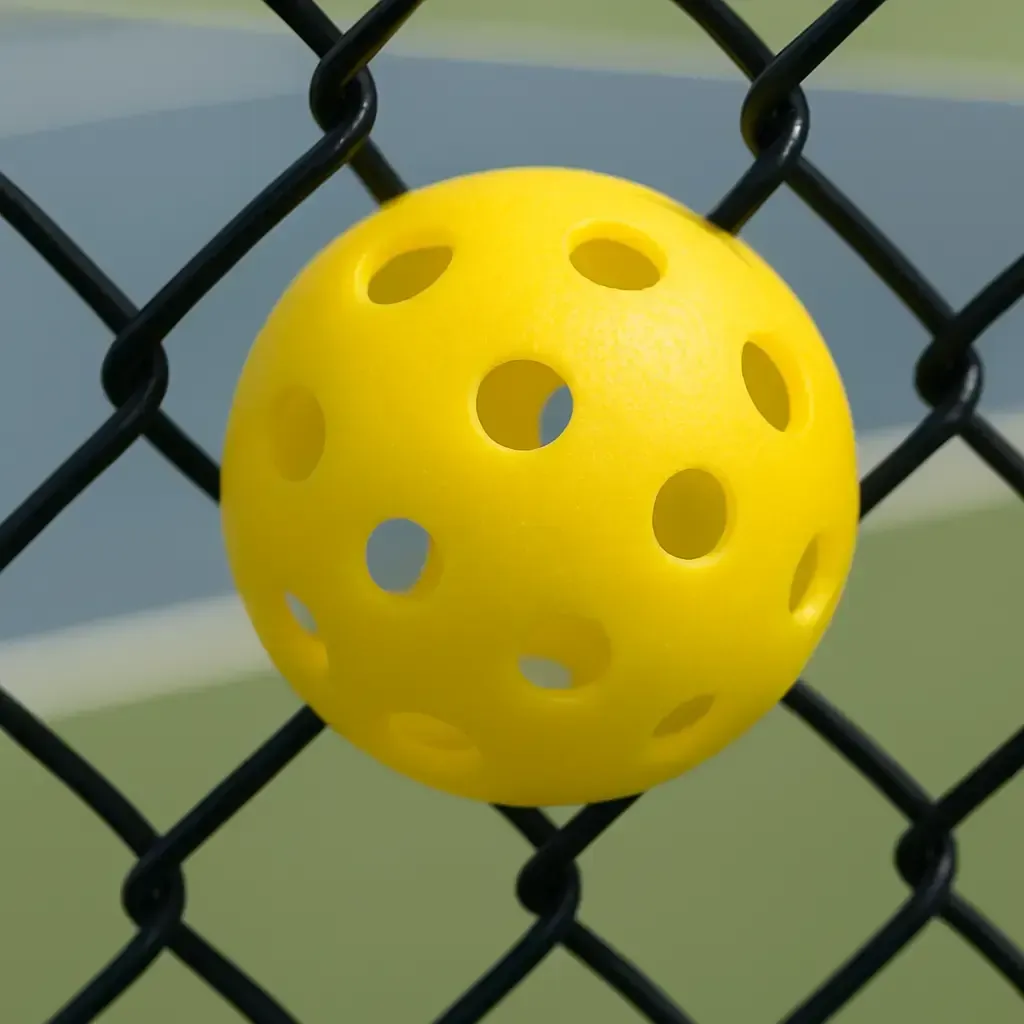 sample photo of a pickleball ball in a fence