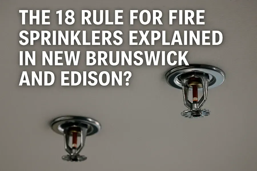 A professional photo of a modern commercial ceiling showing multiple installed fire sprinkler heads with proper clearance. Text overlaid reads “The 18 Rule for Fire Sprinklers Explained in New Brunswick and Edison.” The image conveys building safety and code compliance in New Jersey.