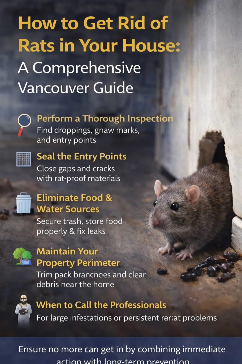 Rat entering a home through a wall hole with droppings on the floor, alongside a guide on how to get rid of rats in your house in Vancouver, highlighting inspection, sealing entry points, removing food sources, maintaining property perimeters, and when to call pest control professionals.