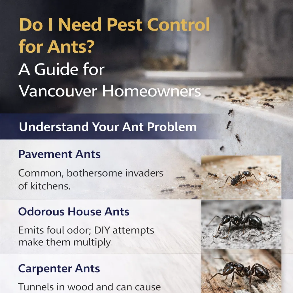 Ants crawling along an indoor windowsill with infographic titled “Do I Need Pest Control for Ants? A Guide for Vancouver Homeowners,” highlighting pavement ants, odorous house ants, and carpenter ants commonly found in homes.