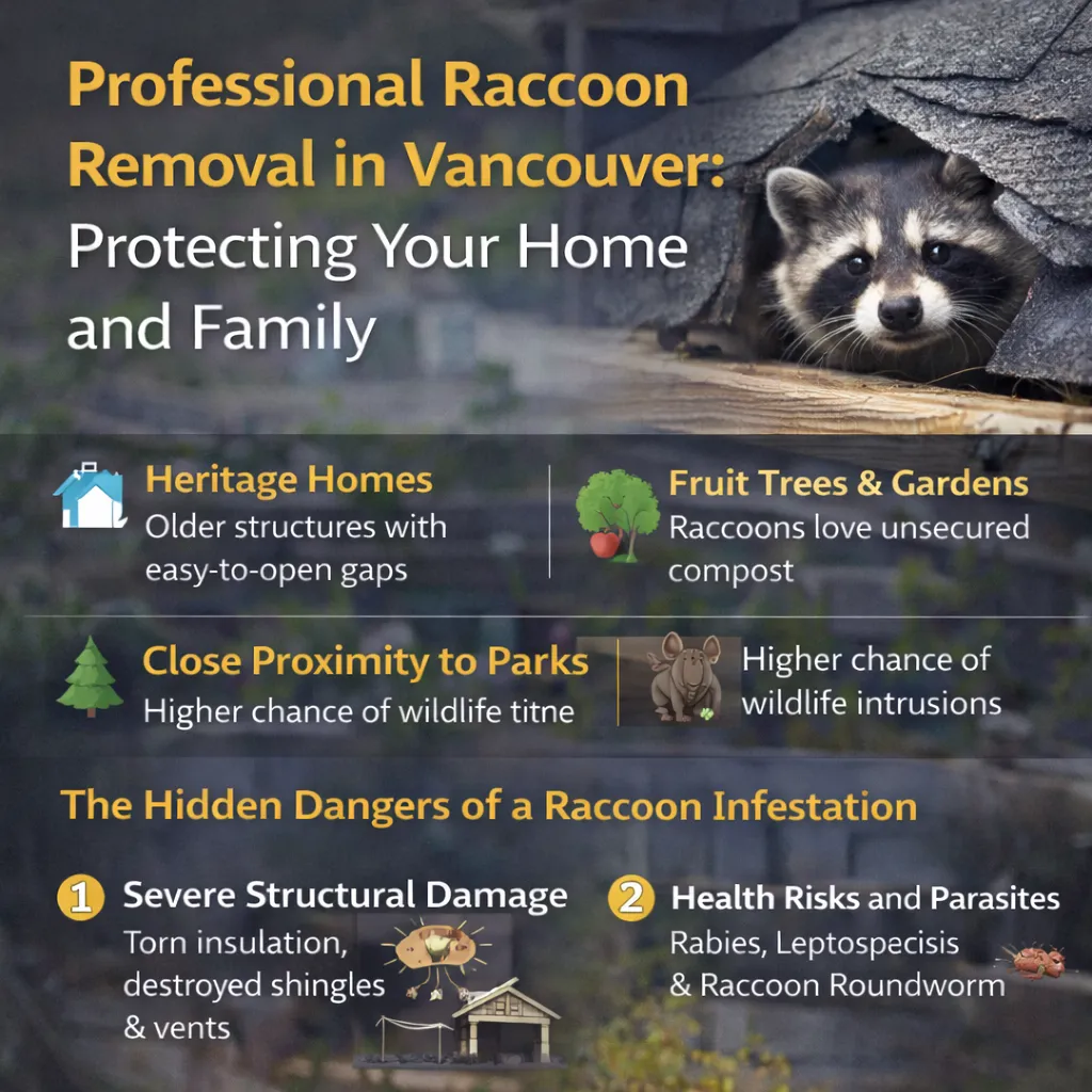Raccoon peeking out from a damaged roof with infographic titled “Professional Raccoon Removal in Vancouver: Protecting Your Home and Family,” highlighting risk factors like heritage homes, fruit trees, and proximity to parks, plus dangers such as structural damage, parasites, and health risks.
