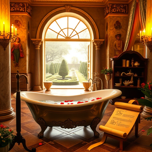 A modern, realistic bathroom interior showcasing top bathroom remodeling companies in Bothell, Washington. The spacious room features a luxurious freestanding soaking tub with elegant clawfoot details, a glass-enclosed shower with rain showerheads and textured pebble flooring, and floating vanities with sleek, minimalistic sinks. Natural light filters through translucent shades, reflecting softly off cityscape windows that hint at Bothell’s skyline. Quirky accents include colorful vintage-inspired soap bottles on the counter and a small potted bonsai-style plant adding a touch of nature. An artist’s hand with a brush and color palette suggests craftsmanship, while a rolled blueprint indicates careful planning. The background displays soft textured walls in muted teal and sandy beige, highlighted by brushed gold fixtures for a touch of elegance. The detailed textures of marble countertops, glossy tiles, and soft towels create a tangible, aspirational feel. The soothing color palette of blues, warm neutrals, and metallic accents evokes calm sophistication, appealing to homeowners seeking expert bathroom remodeling services in Bothell.