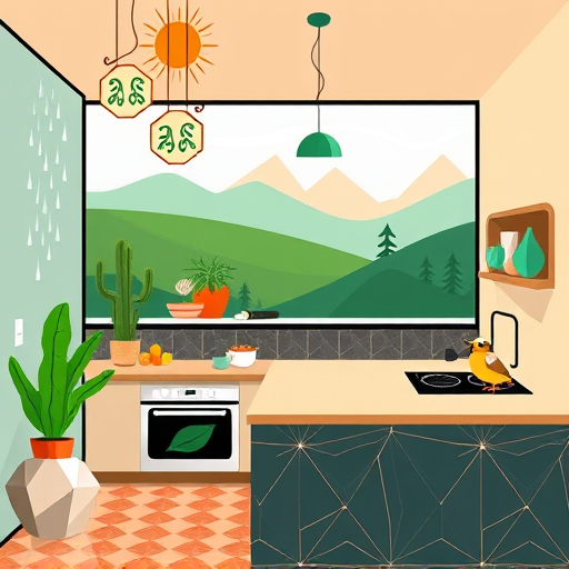 A vibrant Neo-Expressionist illustration of a lively, colorful kitchen in the midst of a cheerful renovation. Bold, swirling brushstrokes convey energy and movement throughout the scene. In the foreground, a whimsical, melting clock with swirling numbers symbolizes timing, with clock hands pointing to late spring or early summer, emphasizing the ideal season for kitchen upgrades. Surrounding the clock are abstract, vividly colored cabinetry—reds, greens, and yellows—depicted with energetic splashes of paint and textured patterns that suggest ongoing installation. Large expressive windows reveal a stylized garden full of blooming, swirling flowers in pinks, oranges, and violets, highlighting spring and early summer themes. An oversized paintbrush drips bright paint onto a cluttered worktable, adding to the playful atmosphere. Exaggerated curves and bold outlines define faucets, countertops, and fixtures, with playful misalignments emphasizing the transformative process. The scene exudes optimism, renewal, and creative energy, with a warm color palette of burnt orange, emerald green, and sunny yellow, accented by deep purples and black lines, capturing the playful chaos of renovation time during the most suitable season.