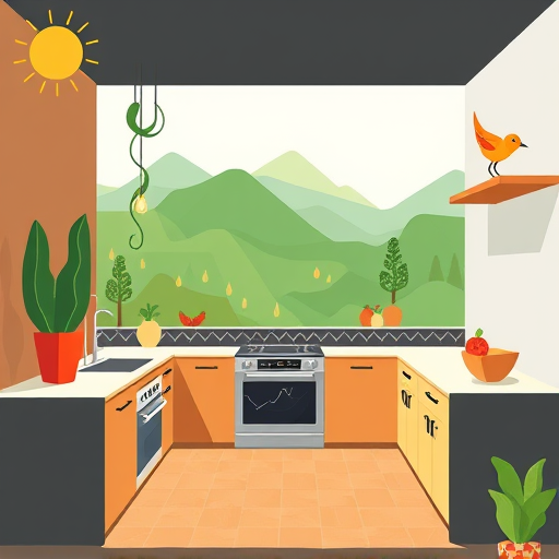 A vibrant art deco-inspired autumn kitchen scene featuring a warm, sophisticated color palette of terracotta, amber, burnt sienna, and muted moss green accented with subtle gold highlights. The luxurious countertop displays a vintage-style teapot and cups with polished curved surfaces placed on a marble slab, surrounded by seasonal gourds, acorn squash, and cinnamon sticks, adding tactile warmth. Geometric jars with minimal gold typography, sleek art deco utensils, and symmetrical cabinetry with chevron and sunburst motifs in rich hues enhance the scene's elegance. Warm ambient lighting creates a cozy atmosphere, while decorative recipe books with fan-shaped covers and stylized leaf motifs incorporated into hardware and tiling add playful, autumnal details. The overall composition captures the timeless charm and playful sophistication of 1920s design, perfect for a fall-themed kitchen aesthetic blog post.