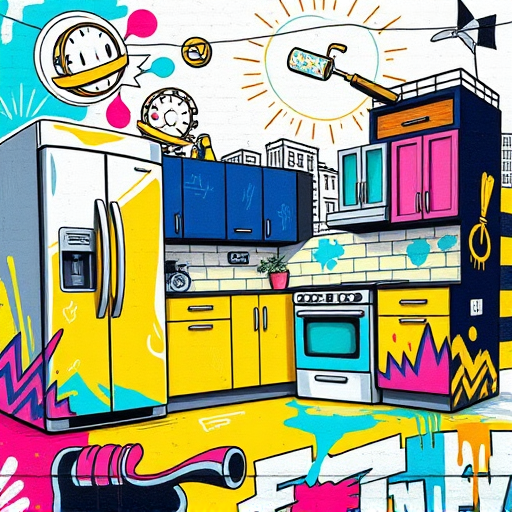 A vibrant, large-scale mural-style scene illustrating a dramatic "before and after" transformation of a small Mexican kitchen, rendered in colorful Mexican Muralism style. The left side depicts a cramped, cluttered kitchen with peeling tiles, mismatched appliances, dull beige and gray walls with cracks and signs of neglect. The right side showcases a spacious, modern kitchen with bright terracotta reds, sunset oranges, and lively turquoise accents. Features include sleek minimalist cabinets, a shiny marble countertop, and a cheerful green potted plant. Architectural details comprise decorative folk-patterned tiles, vintage-style hanging lamps emitting warm light, and an open window with flowing curtains revealing a sunny Mexican street scene. Whimsical, brightly colored details such as chili peppers and maracas hanging from the ceiling add playful personality. A large mural with swirling motifs unites the scene, inspired by traditional Mexican folk art. The outdoor patio background features blooming bougainvillaea and lush greenery, blending seamlessly into the kitchen. The mood is optimistic and inspiring, celebrating renewal and creativity through bold shapes, deep contrasts, and cultural richness, making this eye-catching image perfect for a blog cover illustrating transformation and heritage.
