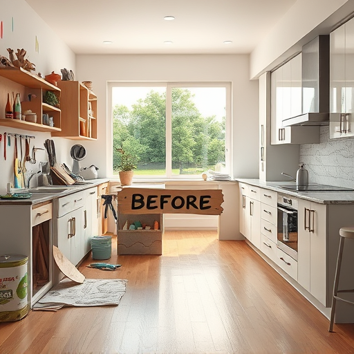 A hyperrealistic image of a modern, stylish kitchen showcasing the latest remodeling trends. The space features minimalist matte black cabinetry with subtle brass accents, integrated smart appliances with glowing digital displays, and a stunning marble countertop with deep emerald green and warm gold veining. Natural light floods in through a large window, highlighting polished concrete floors and a textured geometric mosaic backsplash in muted pastel tones. Stylish pendant lights with sculptural shapes hang above a central island, emitting a warm glow. The scene includes playful details such as a colorful retro-inspired kettle, patterned dishcloths, a floating spice shelf, a magnetic knife strip, and a digital clock embedded in the backsplash. Vibrant indoor plants in oversized planters add freshness, while the overall neutral color palette accented with metallics and lively colors creates a calm, energetic atmosphere. The open-concept layout hints at a spacious living area, blending cutting-edge design with personality and charm.