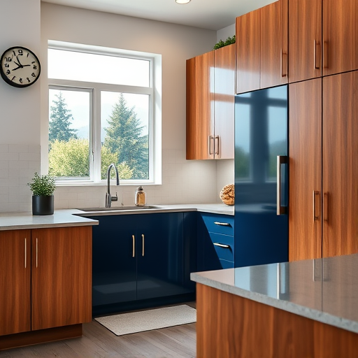 A luxurious baroque-style illustration of a high-end kitchen scene in Edmonds, Washington, showcasing ornate, intricately carved wooden cabinet doors with elaborate scrollwork, gilded accents, and shimmering embellishments that exude opulence. Some cabinets are partially open, revealing freshly painted surfaces in soothing seafoam green and soft taupe, reflecting the coastal charm of Edmonds. Playful decorative motifs—including a miniature sailboat on a cabinet handle, a tiny lighthouse among flourishes, and a small crab perched atop a cupboard—add regional personality and whimsy. The background features a scenic bay view through large, curved baroque-inspired windows, with a stormy sky casting dramatic golden light that highlights the rich wood textures. The scene combines grandeur with cheerful elegance, using a color palette of warm golds, rich browns, seafoam greens, and gentle taupes, creating a serene and sophisticated atmosphere that celebrates a refined kitchen upgrade with coastal flair.