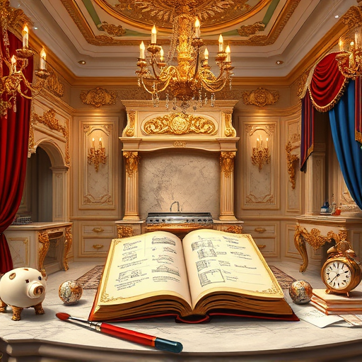 A luxurious Renaissance-style bathroom scene bathed in warm, golden candlelight inside an opulent palace chamber. The room features intricate marble columns, ornate gilded moldings, and lush velvet drapes. At the center, an elaborate antique clawfoot bathtub adorned with carved cherubs and scrolling acanthus leaves is filled with bubbling water and floating rose petals. Nearby, a vintage wooden easel displays a grand parchment scroll decorated with whimsical sketches of plumbing pipes transformed into playful mythical creatures like a mischievous mermaid and a humorous dragon. Small shelves showcase brass and porcelain vintage bathroom fixtures, including faucets and washbasins, complemented by tiny cherub figurines in the corners. In the background, a grand arched window reveals a serene Renaissance garden with neatly trimmed topiaries and blooming roses, softly lit by dawn light. Golden ribbons, shaped like discount banners, swirl playfully around the scene, adding a whimsical touch. The entire setting combines regal elegance and lighthearted charm, featuring a rich palette of deep reds, muted golds, creamy beiges, and gentle blues, evoking a timeless, inviting atmosphere perfect for promoting end-of-year bathroom remodeling discounts with historical grandeur and playful personality.