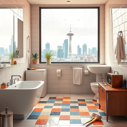A highly detailed, hyperrealistic scene of bathroom fixture replacement during a renovation. The image features a modern, sleek bathroom with a white countertop holding a shiny, new faucet and a brushed-metal showerhead. Surrounding the fixtures are neatly arranged plumbing tools—wrenches, pliers, and a silicone sealant tube—with realistic textures and reflections highlighting their metallic and rubber surfaces. The background shows a partially removed tile wall revealing plumbing behind, with cracked or loosened tiles and water droplets indicating recent work. Soft, warm lighting creates a calm, professional ambiance, with a subtle glow on the new fixtures emphasizing cleanliness and freshness. A small rubber duck decorated with tiny mechanical tools adds playful charm to the scene. The environment includes marble-patterned floors, glass shower doors slightly open, and a cluttered vanity area, enhancing depth and realism. The color palette features cool blues, whites, and metallic silvers, complemented by pops of yellow from tool handles and sealant, combining professionalism with lightheartedness—ideal for a DIY bathroom upgrade blog cover.