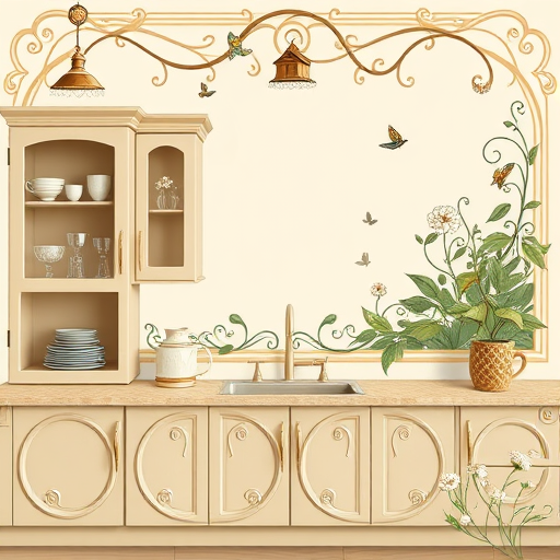 A serene and elegant custom kitchen design in Renton, Washington, illustrated in the flowing, expressive style of Chinese Brush Painting. The spacious, modern kitchen features sleek, minimalist cabinetry accented with gold and deep jade green hues, emphasizing sophistication and harmony with nature. Traditional Chinese brush strokes depict a large bamboo plant spilling over a porcelain vase near the counter, symbolizing resilience and vitality. Background ink-wash silhouettes of mountains and wispy clouds evoke the lush Washington landscape. Whimsical steam swirls and floating tea pots add warmth and inviting charm. A traditional Ming-inspired wooden dining table with abstract floral motifs blends modern design with historical artistry. Soft misty effects and translucent ink washes create a tranquil early morning atmosphere. The panoramic view of Lake Washington rendered with fluid ink strokes connects the interior with the natural surroundings, highlighting craftsmanship, elegance, and cultural whimsy in bespoke kitchen design.