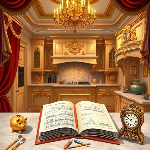 A luxurious rococo-style kitchen cabinet scene set in Auburn, Washington, featuring intricately carved antique cabinets with floral motifs, gilded and gold leaf accents, and shimmering details. The open cabinets reveal vibrant, modernized surfaces in shades of powder blue or soft mint, blending traditional elegance with playful, contemporary finishes. Surrounding the cabinetry are whimsical elements such as tiny cherubs nestled among floral garlands, delicate scrollwork intertwined with lush greenery reflecting Auburn’s natural environment, and charming decorative details like a vintage teacup atop a carved corbel and miniature fountain motifs. The background showcases a softly blurred view of a tree-lined street in Auburn with quaint houses and hints of the Cascade Mountains, adding regional charm. Warm lighting highlights the intricate carvings and smooth surfaces, creating a welcoming ambiance that combines timeless opulence with lively modernity—capturing the essence of refined cabinet refacing with a playful twist.