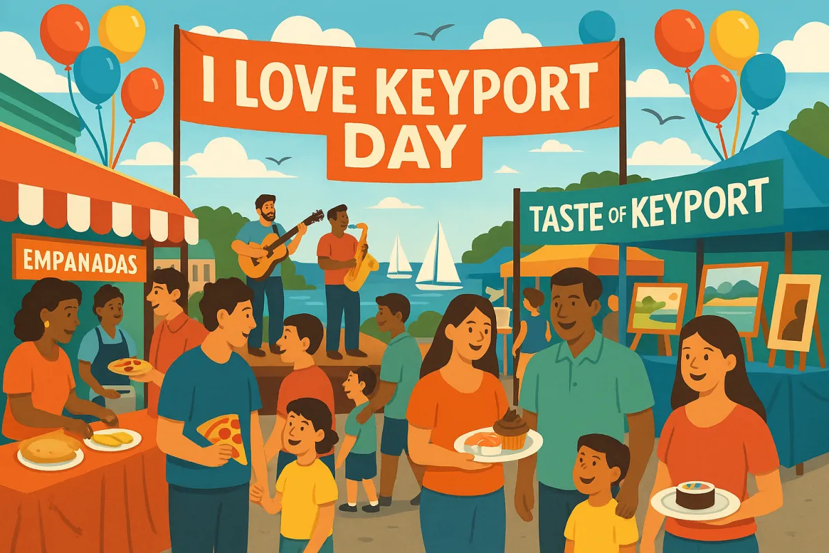 Families enjoying I Love Keyport Day and Taste of Keyport festival with food stands, live music, colorful balloons, waterfront views, and community art displays in downtown Keyport.