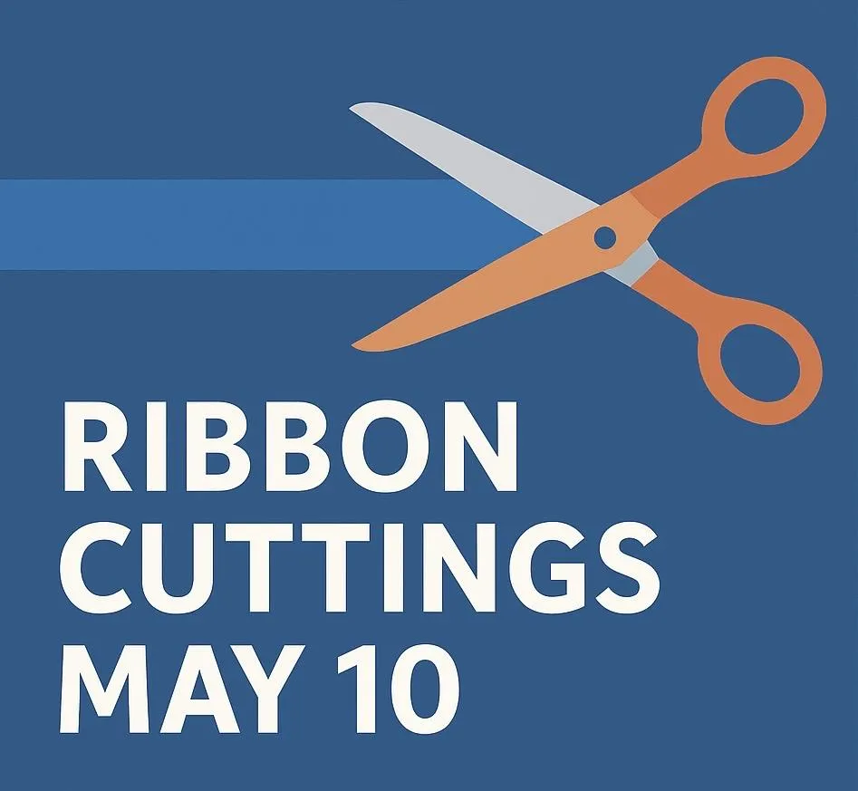 Promotional graphic for Keyport ribbon cuttings on May 10, 2025. Features a blue background, red ribbon with scissors, and a schedule listing four new businesses with their ribbon-cutting times.
