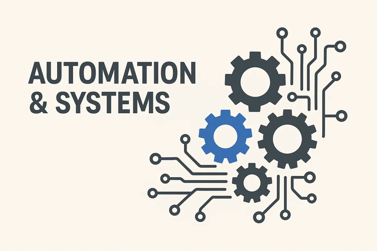 Flat design image with the words ‘Automation & Systems’ in bold text on the left, and interconnected gears with circuit lines on the right, representing digital automation and business systems.