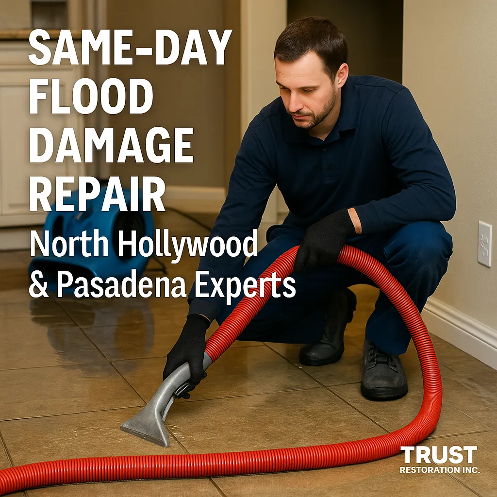 Technician performing same-day flood damage repair in a North Hollywood home