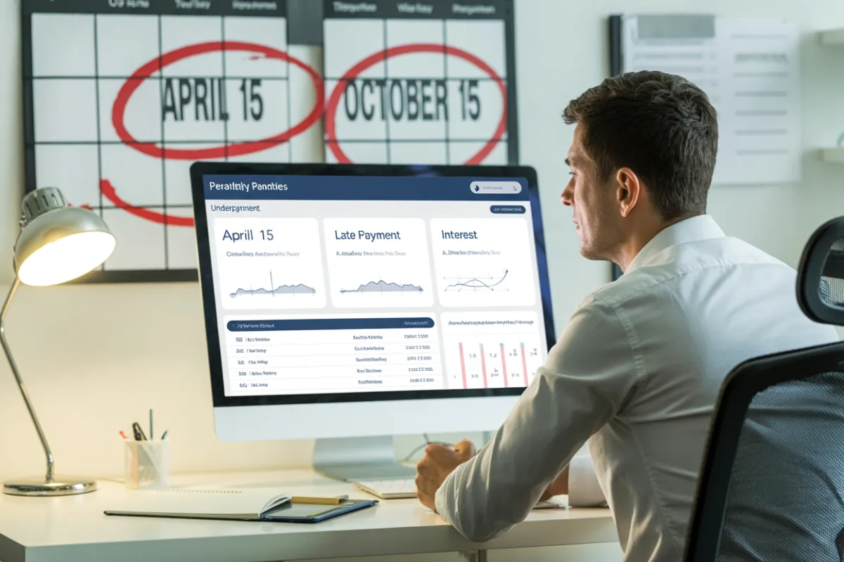 Calm owner reviewing IRS penalties dashboard with April 15 and Oct 15 highlighted